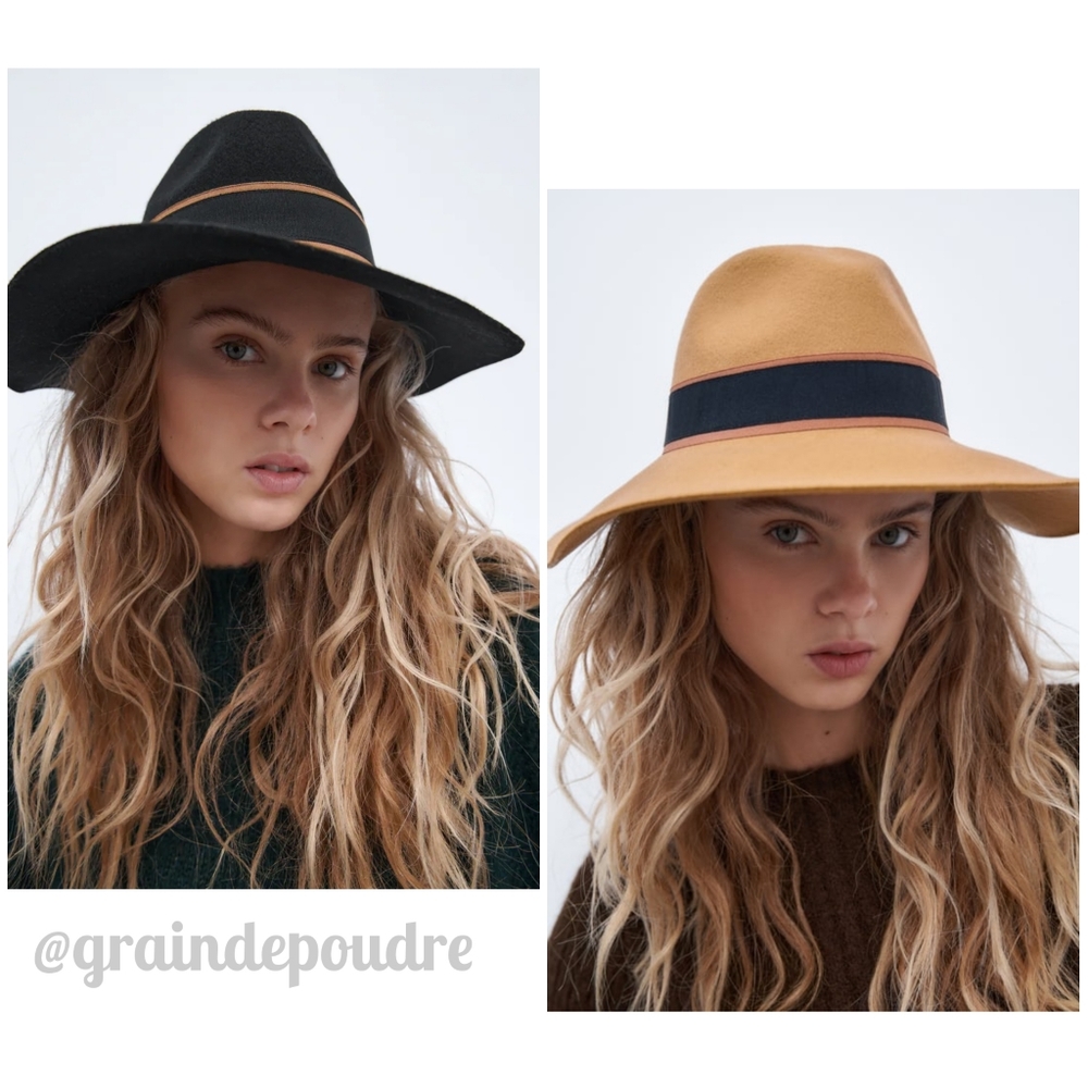 NIB Zara Special Edition Camel or Black Wool Felt Fedora Wide Brim Hat S M